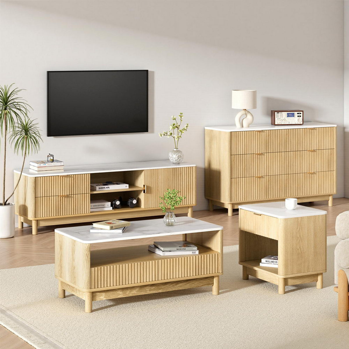Artiss TV Unit & Coffee Table Set Storage Drawers Pine