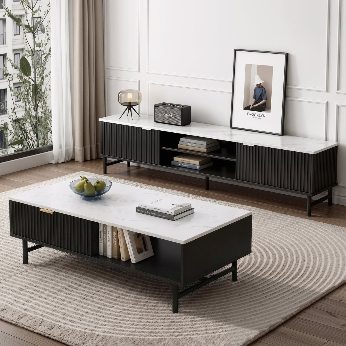 Artiss TV Unit & Coffee Table Set Storage Shelf Black
