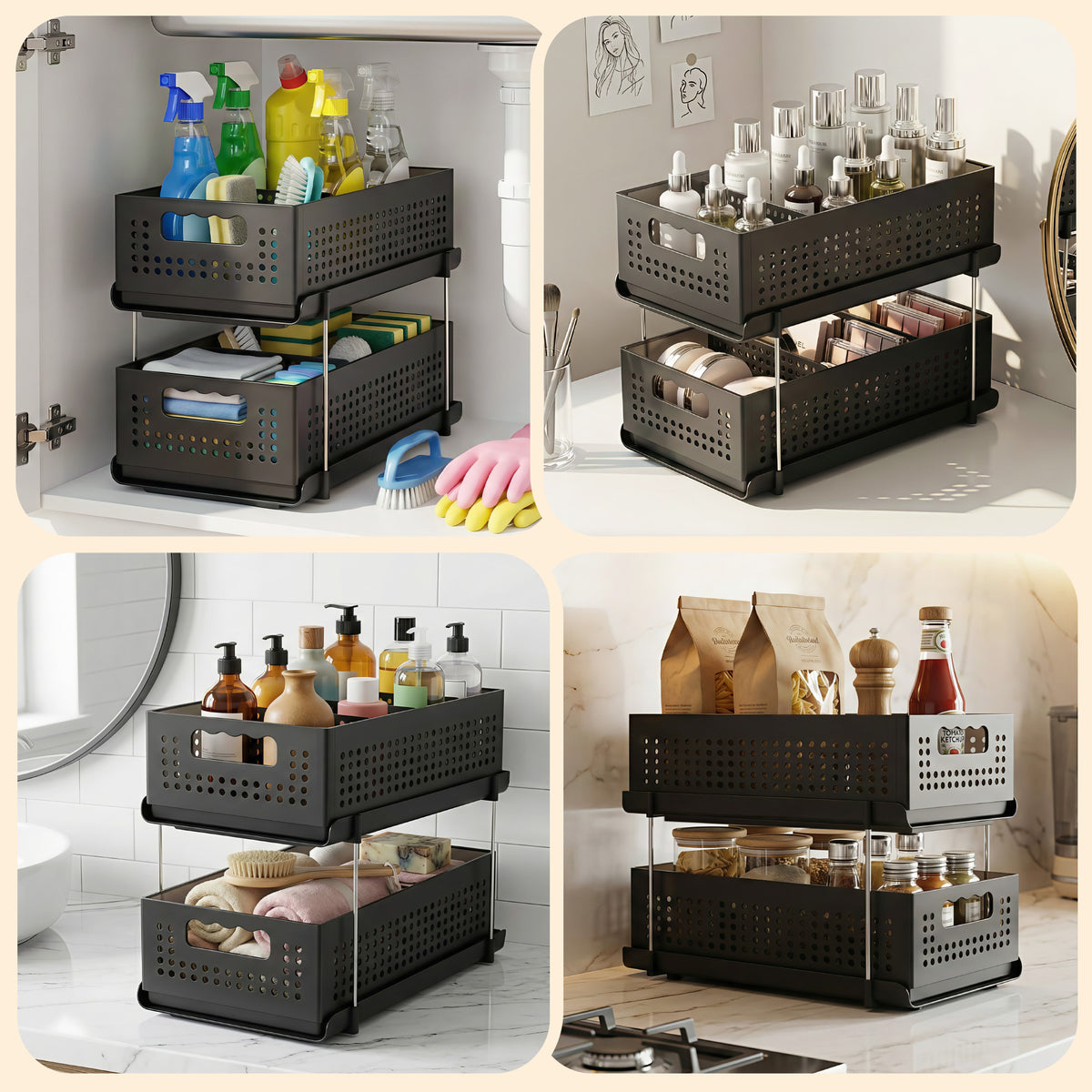 Artiss Under Sink Organizer 2 Tier Pull Out Drawer with Removable Baskets & Divider
