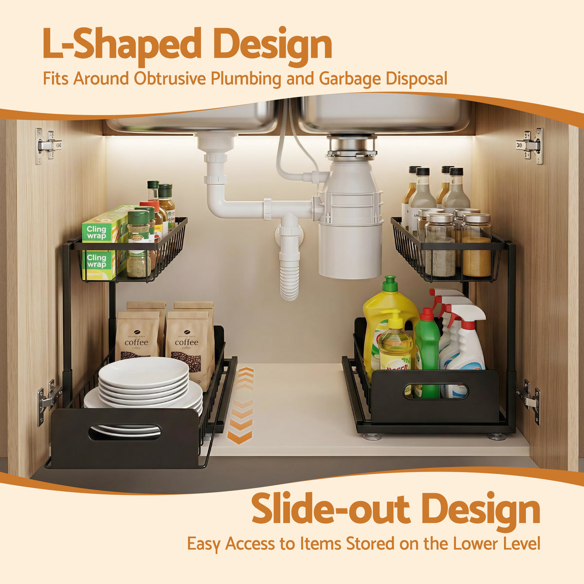 Artiss Under Sink Organizer Storage L Shape 1 Pull Out Drawers Kitchen Cabinet Shelf
