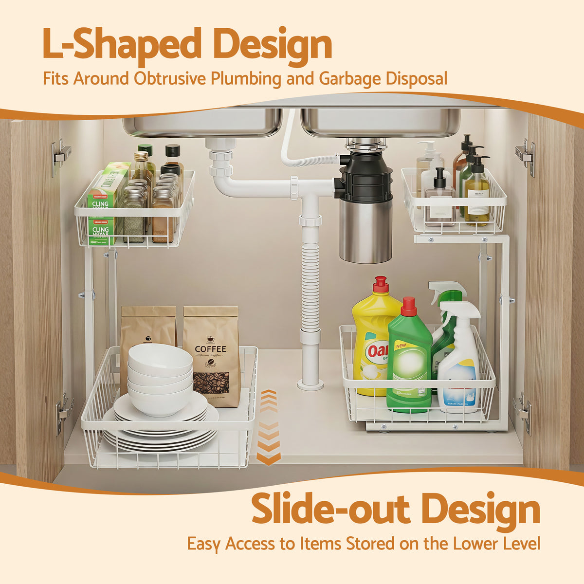 Artiss Under Sink Organizer Storage with 2 Slide Out Drawers 5 Adjustable Height Bathroom Kitchen Cabinet