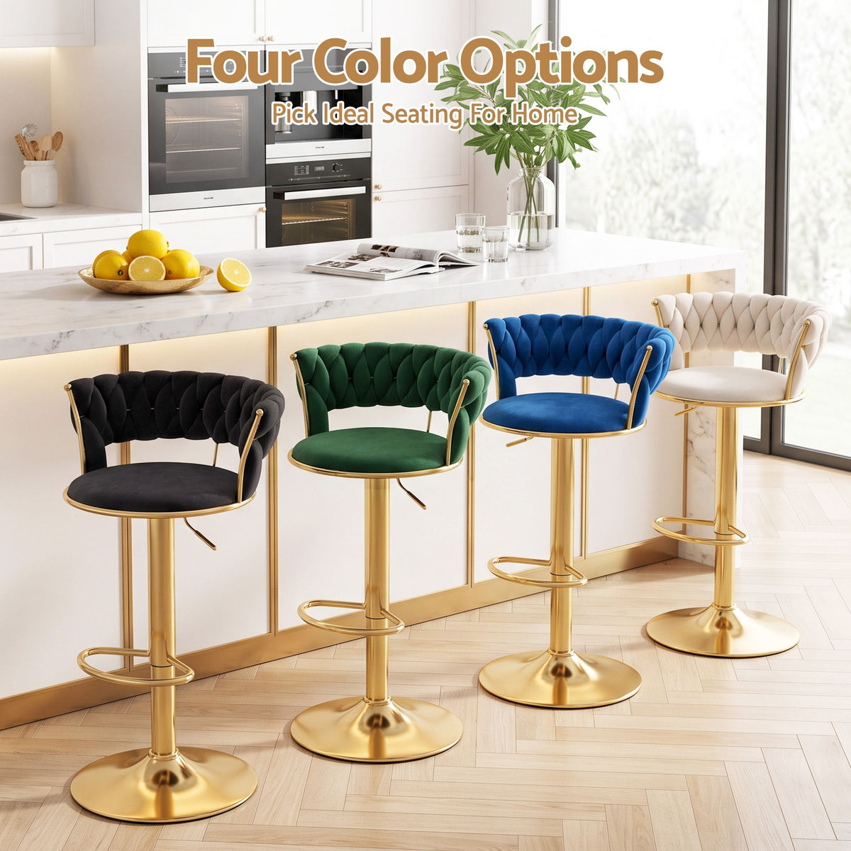 Artiss 4x Bar Stools Gas Lift Adjustable Velvet Woven Backrest Vivien Black
