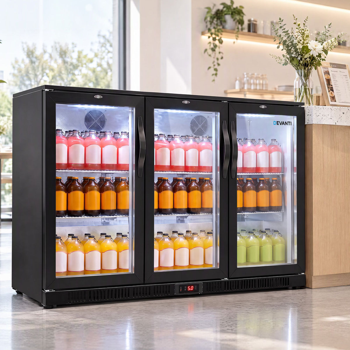 Devanti 320L Commercial Bar Fridge 3-Door Beverage Cooler Glass Display Black
