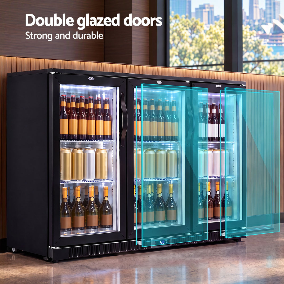 Devanti 320L Commercial Bar Fridge 3-Door Beverage Cooler Glass Display Black