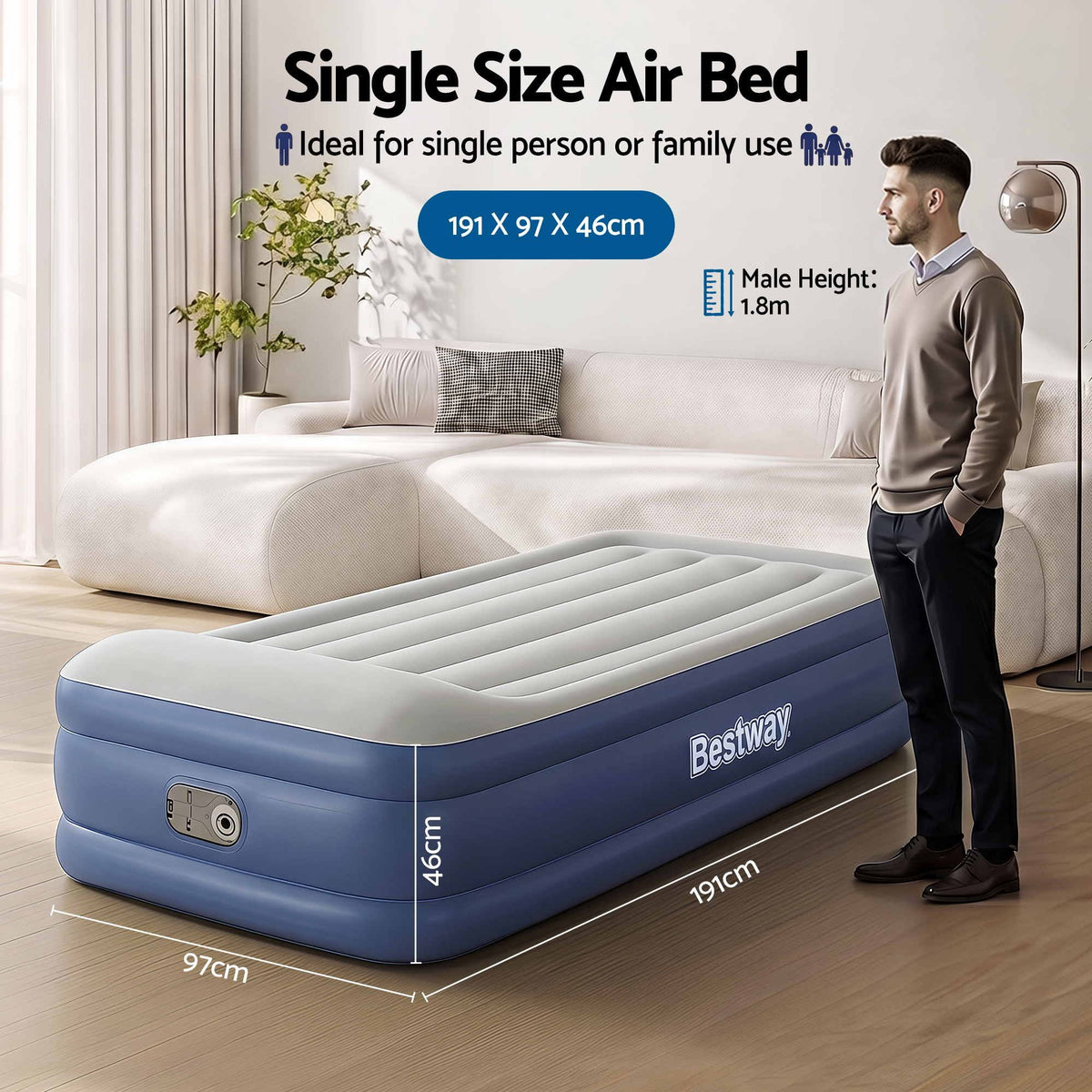 Bestway Single Air Mattress with Built-in Pump Tritech Inflatable Bed 46cm