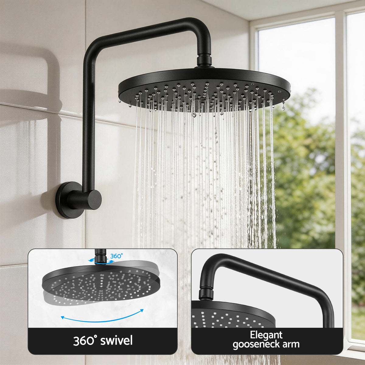 Cefito 9'' Rain Overhead Swivel Shower Head with Wall Twin Swivel Bathroom Tap