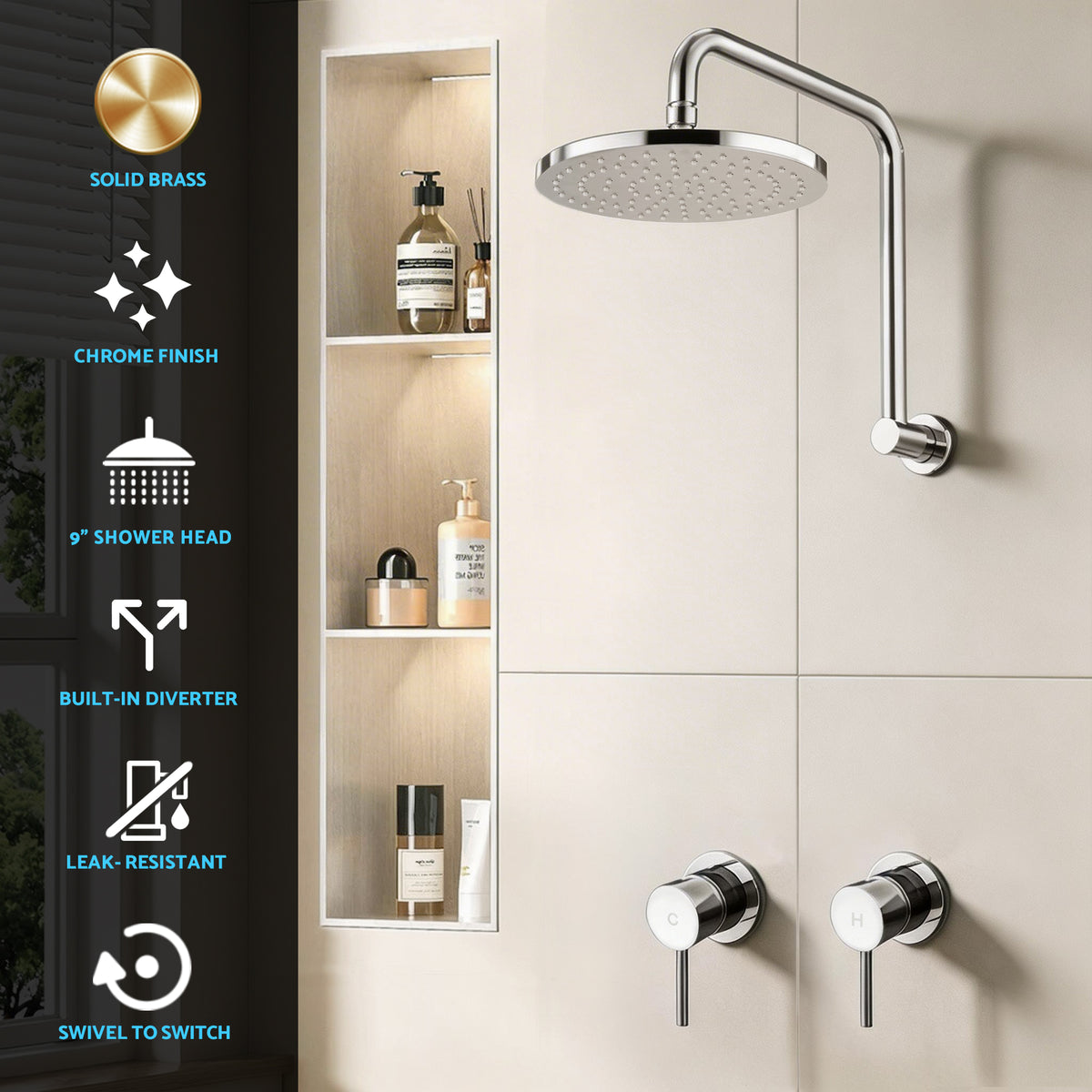 Cefito 9'' Rain Overhead Swivel Shower Head with Wall Twin Swivel Bathroom Tap Silver