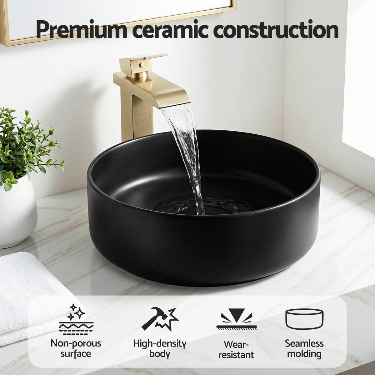 Cefito Bathroom Basin Ceramic Vanity Sink Vessel Bowl Wash Matte Black Round Countertop