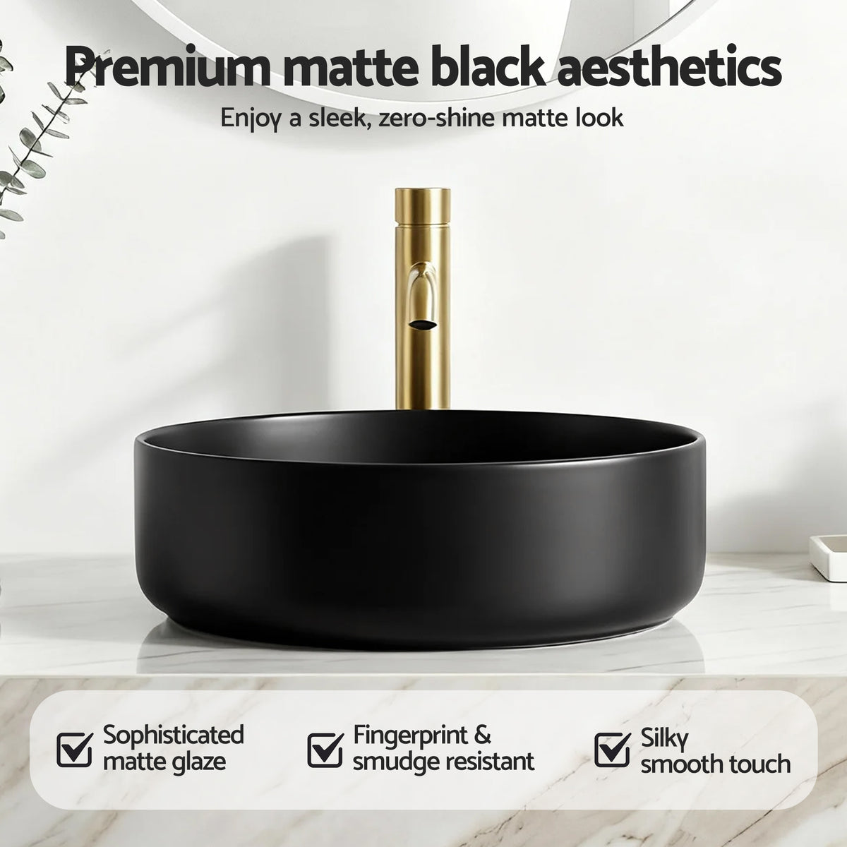 Cefito Bathroom Basin Ceramic Vanity Sink Vessel Bowl Wash Matte Black Round Countertop