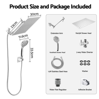 Cefito High-Pressure Rain Shower Head with Handheld, Gear-Lock Anti-Sag Arm for Family Spa, 12" Stainless Steel Rainfall & 9-Setting Wand Combo, 3-Way Diverter, Drill-Free Adhesive Bracket