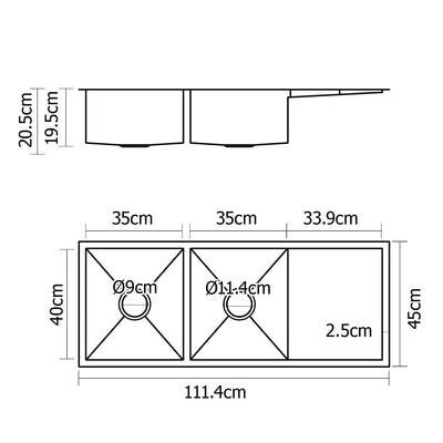Cefito Kitchen Sink 111X45CM Stainless Steel Basin Double Bowl Silver