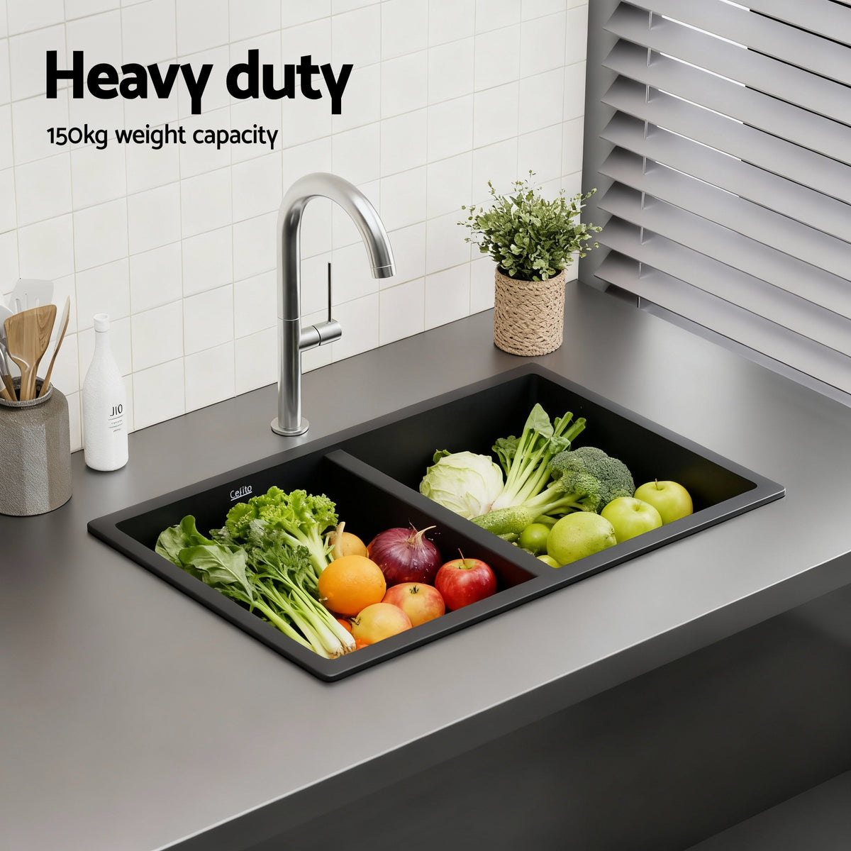 Cefito Kitchen Sink 77x45cm Granite Stone Sink Double Bowl Black