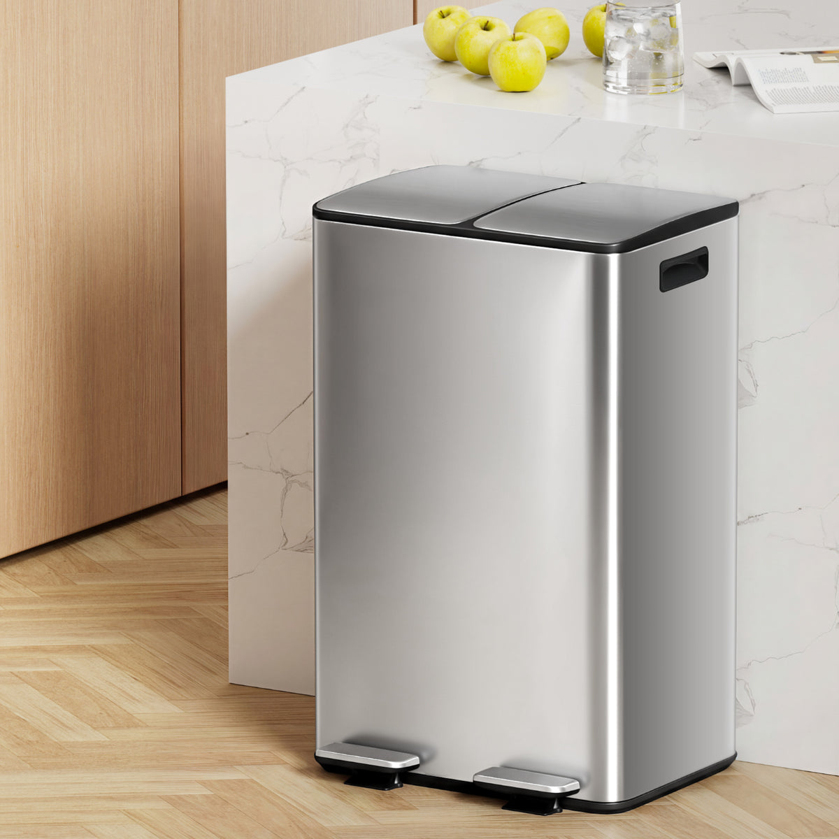 Cefito Pedal Bins Rubbish Bin Dual Compartment Waste Recycle Dustbins 60L Silver
