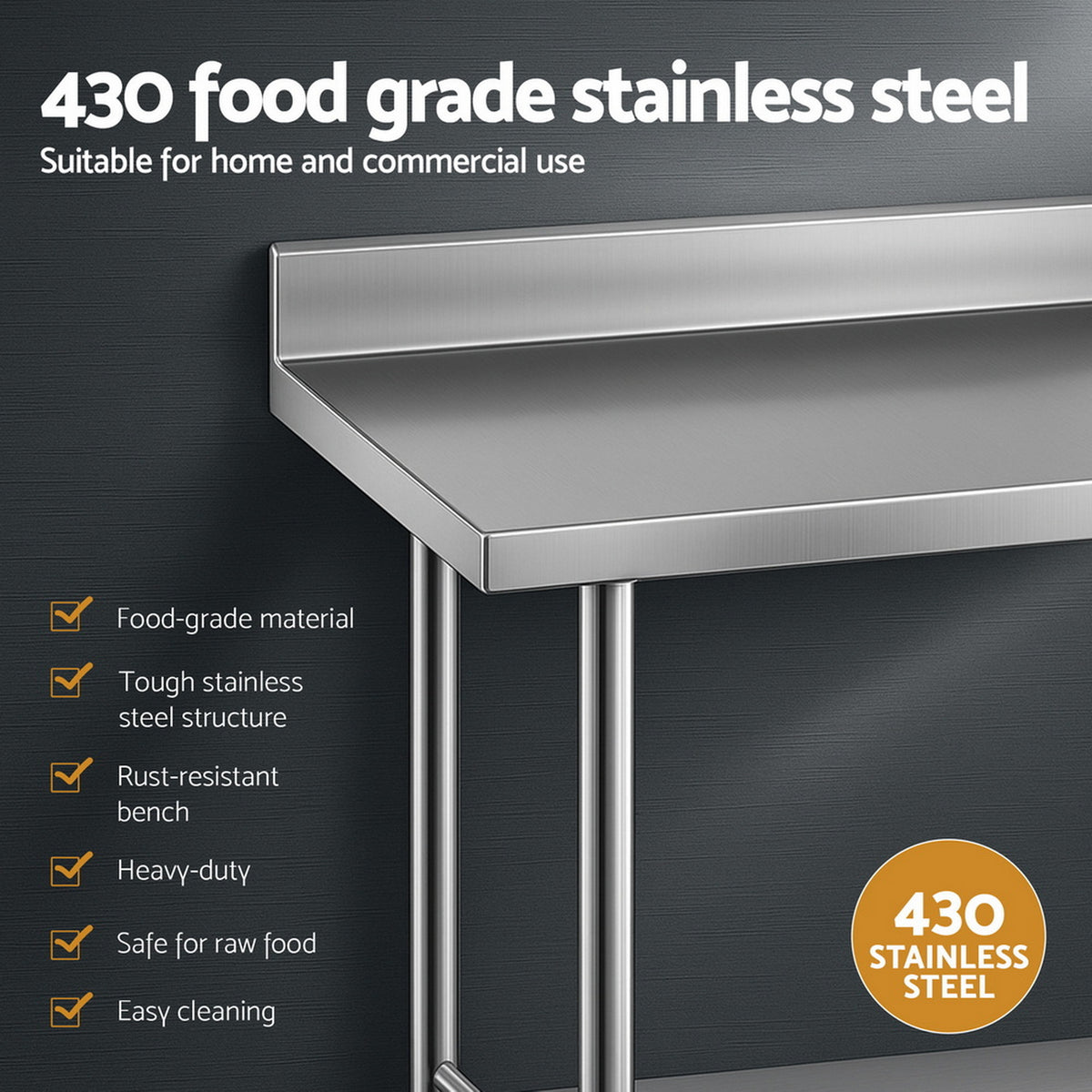 Cefito Stainless Steel Kitchen Bench w/ Splashback 1500x600MM 430