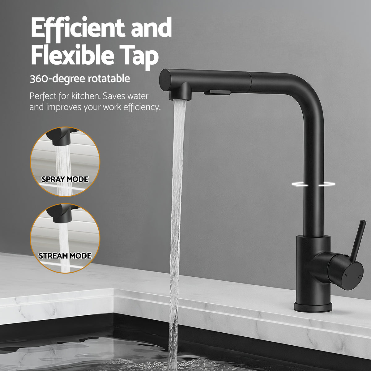 Cefito Stainless Steel Sink 60x45CM With Pull Out Mixer Tap Kitchen Basin Single Bowl Black