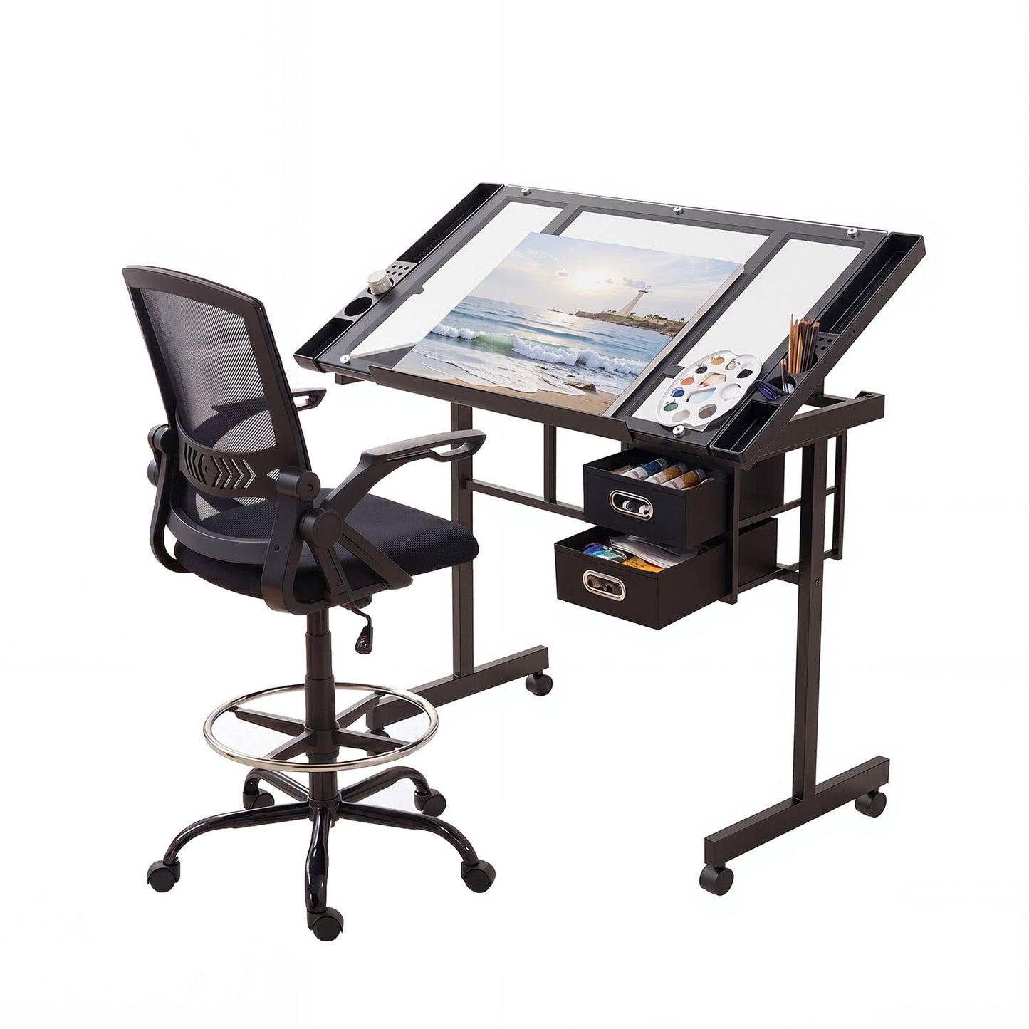 Artiss Drawing Table with Ergonomic Office Chair, Drafting Tables with Tempered Glass Desktop, Removable Drawers, Drafting Stool with Height Adjustable for Artwork Painting Studio
