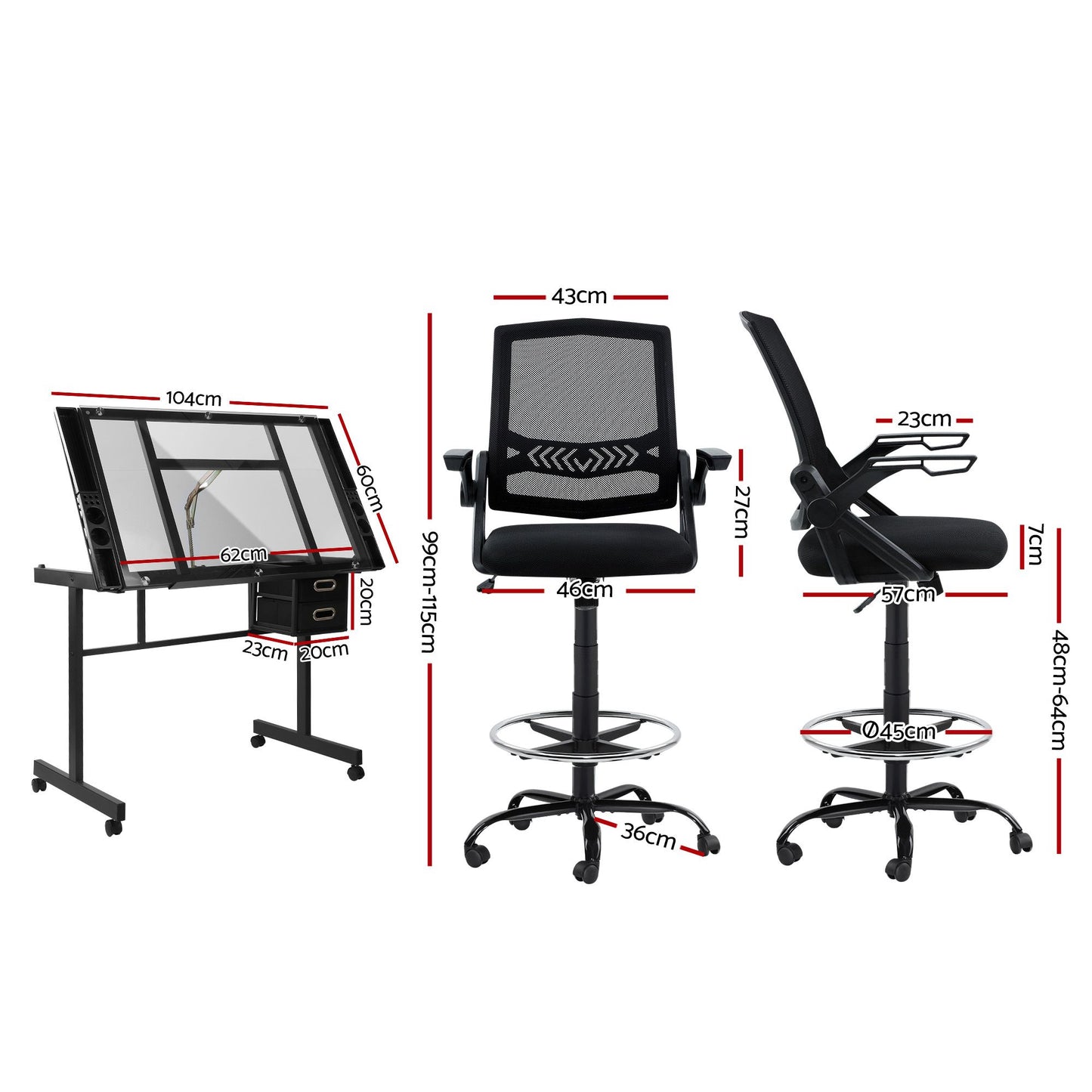 Artiss Drawing Table with Ergonomic Office Chair, Drafting Tables with Tempered Glass Desktop, Removable Drawers, Drafting Stool with Height Adjustable for Artwork Painting Studio