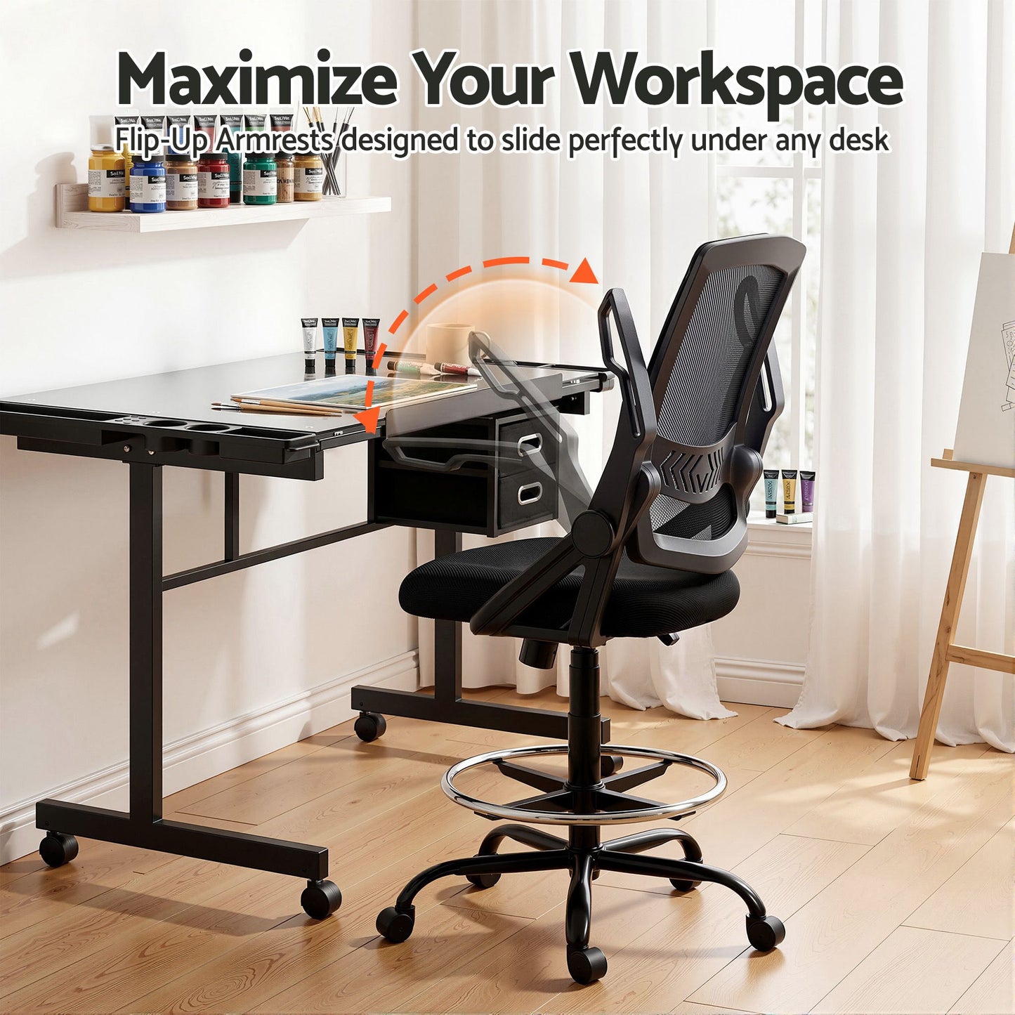 Artiss Drawing Table with Ergonomic Office Chair, Drafting Tables with Tempered Glass Desktop, Removable Drawers, Drafting Stool with Height Adjustable for Artwork Painting Studio