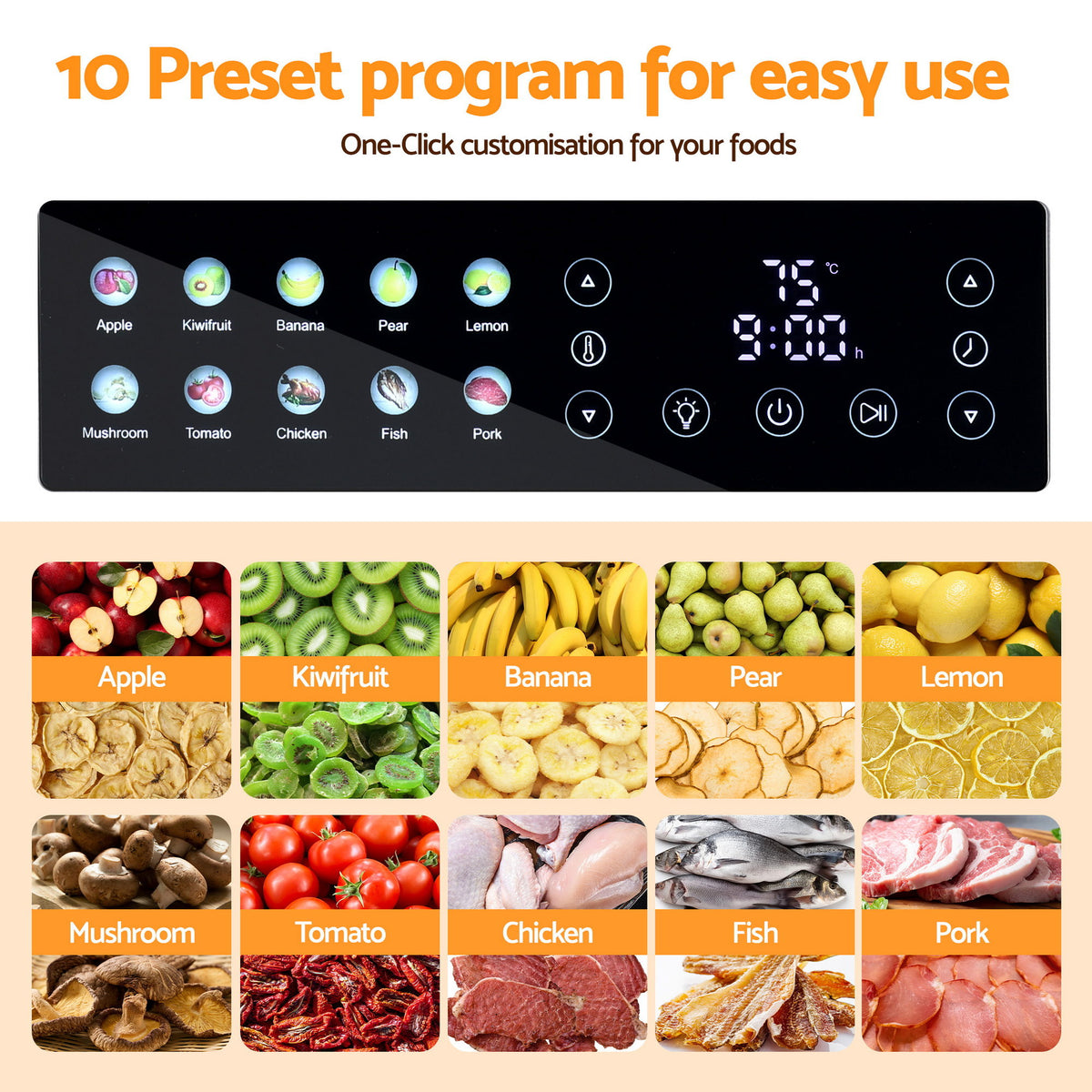 Devanti 10 Trays Food Dehydrator Stainless Steel Visible Glass Door 850W