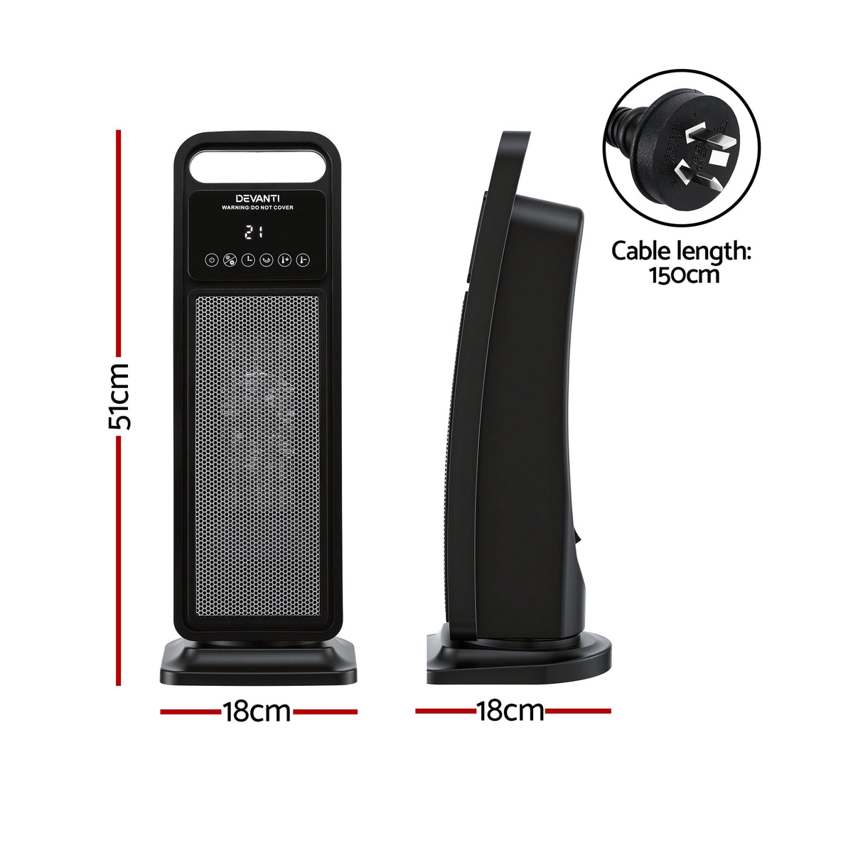 Devanti 2000W Ceramic Tower Heater Space Heaters Indoor Oscillating Black