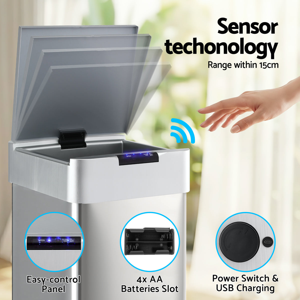 Devanti 50L Motion Sensor Bin Rubbish Bins Kitchen Automatic Trash Can Silver