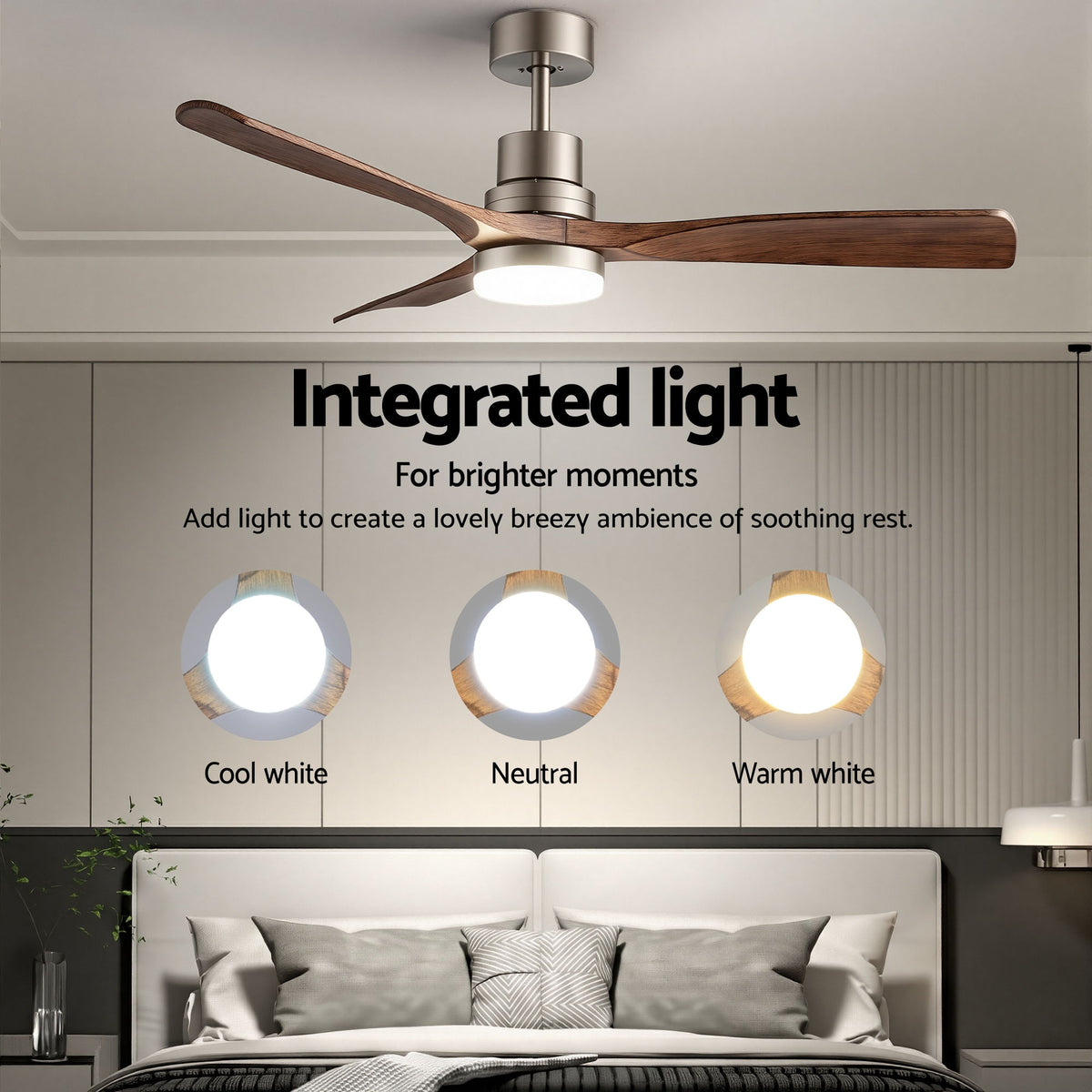 Devanti 52" Ceiling Fan with Light Remote Control DC Motor Smart App Timber Blades Brown