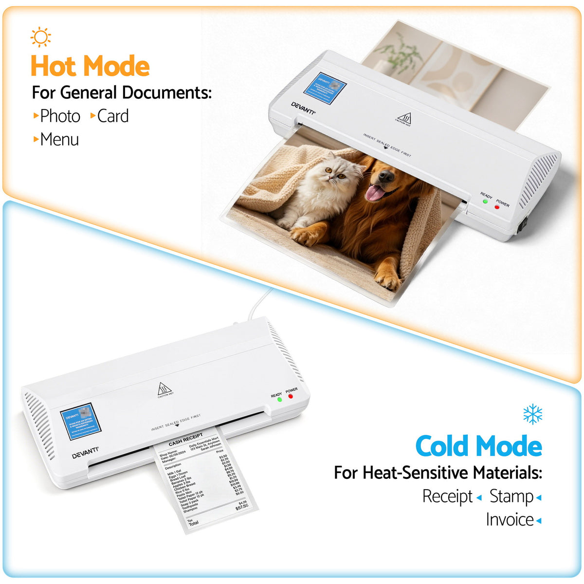 Devanti A4 Laminator Machine, Hot & Cold Thermal Fast Lamination Anti-Jam Laminator for Office School Home Document Photo Card Handmade A4 A5 A6, White