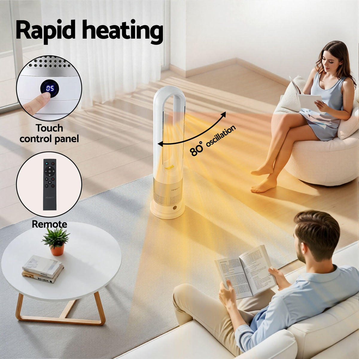 Devanti Bladeless Tower Fan Heater and Cooler 2in1 Portable Oscillation Fan for Bedroom Room Office Use White