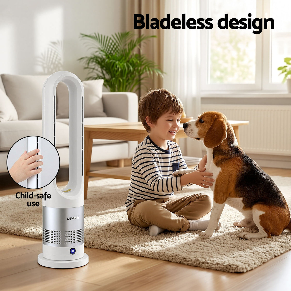 Devanti Bladeless Tower Fan Heater and Cooler 2in1 Portable Oscillation Fan for Bedroom Room Office Use White
