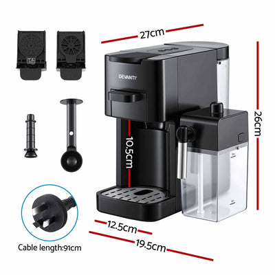 Devanti Capsule Coffee Pod Machine with Milk Frother, Black
