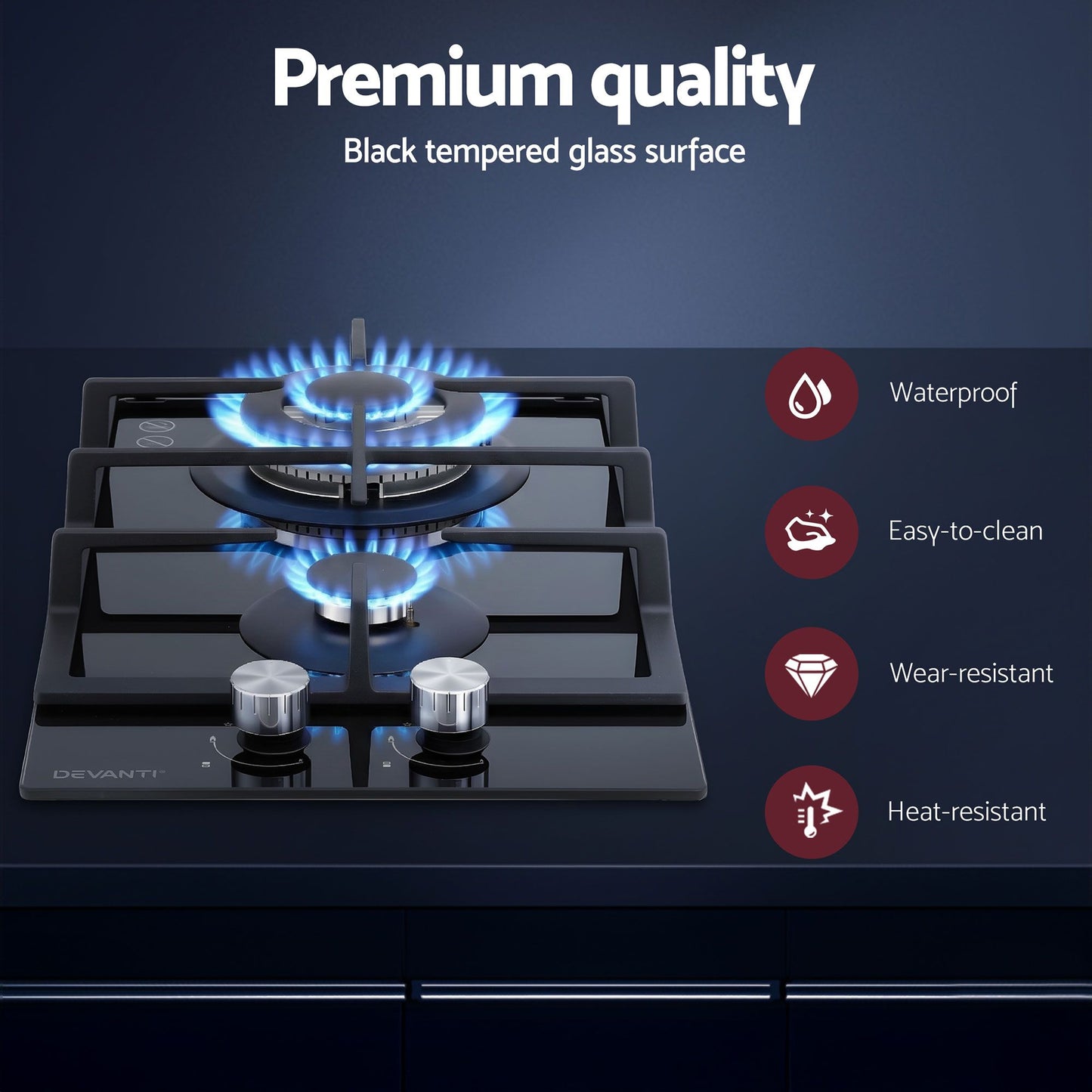 Devanti Gas Cooktop 30cm 2 Burner Built-in Stove Glass Cook Top NG LPG Wok Burner