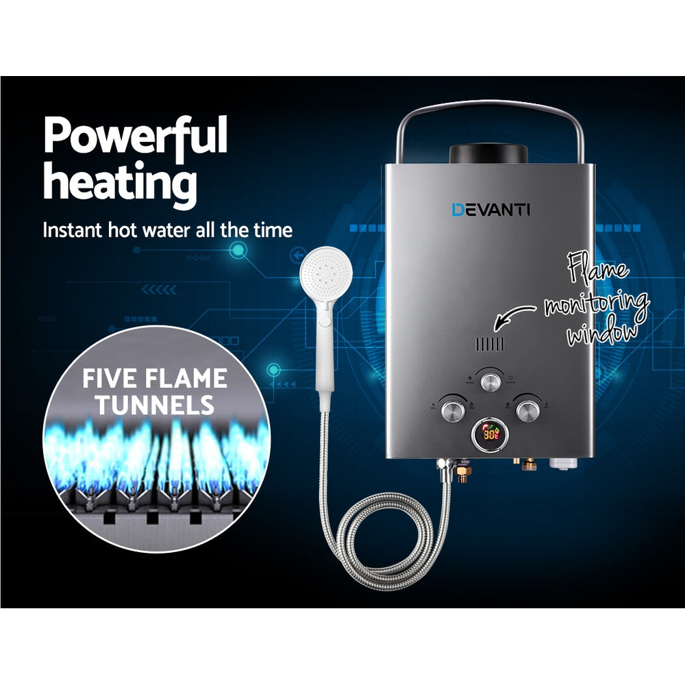 Devanti Portable Gas Water Heater LPG System Grey