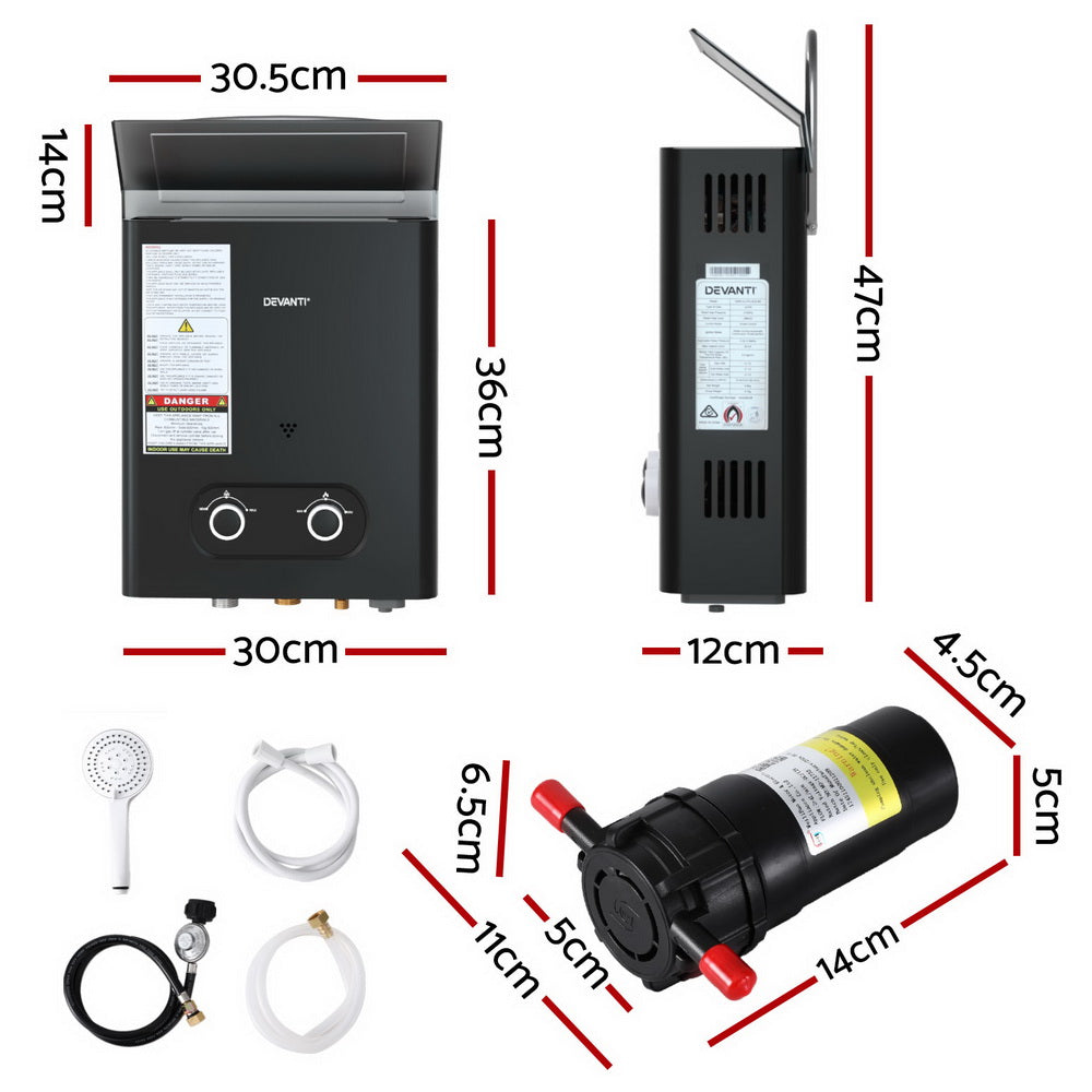 Devanti Portable Gas Water Heater LPG-powered System Black With Pump