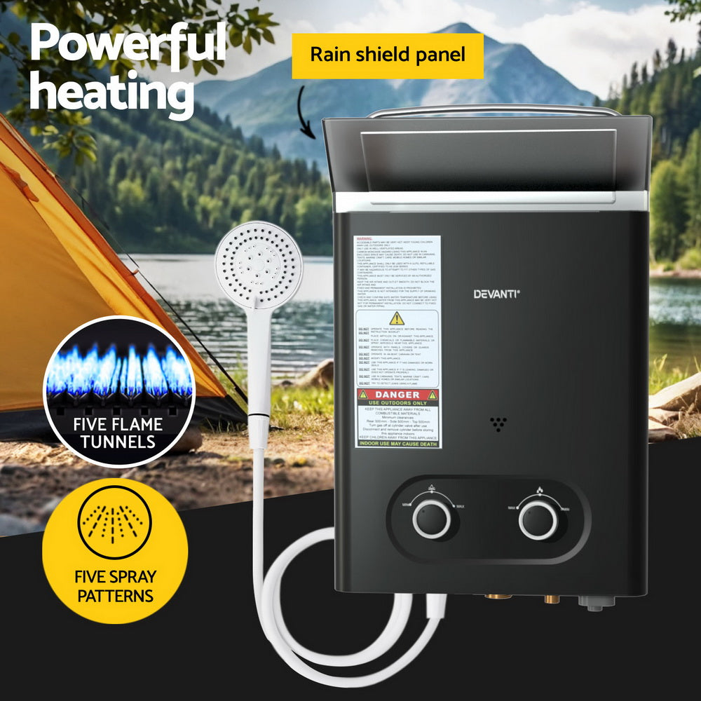 Devanti Portable Gas Water Heater LPG-powered System Black With Pump