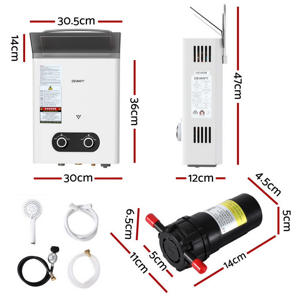 Devanti Portable Gas Water Heater LPG-powered System White With Pump