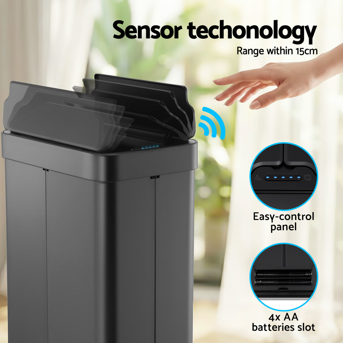 Devanti Rubbish Bin 70L Automatic Sensor Kitchen Bin, Slim Smart Garbage Can Touchless Rectangular with Liner Holder, Fully Closed Lid for Bedroom, Bathroom, Living Room, Black