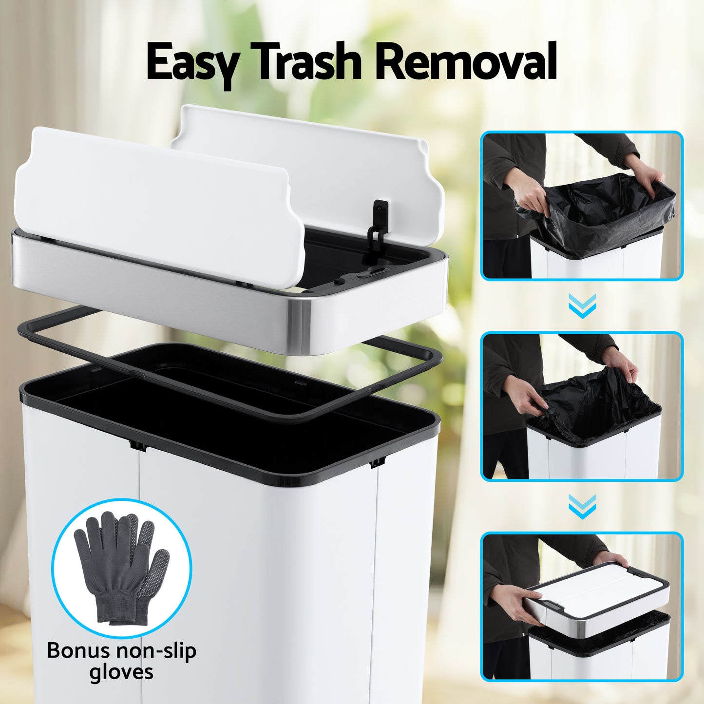 Devanti Rubbish Bin 70L Automatic Sensor Kitchen Bin, Slim Smart Garbage Can Touchless Rectangular with Liner Holder, Fully Closed Lid for Bedroom, Bathroom, Living Room, White