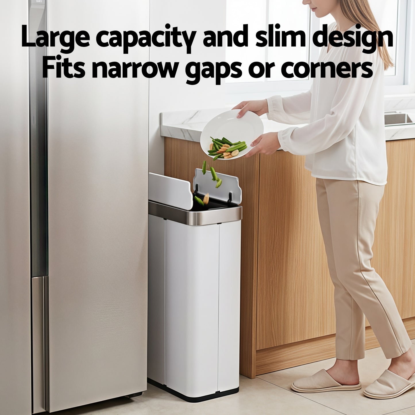 Devanti Rubbish Bin 70L Automatic Sensor Kitchen Bin, Slim Smart Garbage Can Touchless Rectangular with Liner Holder, Fully Closed Lid for Bedroom, Bathroom, Living Room, White