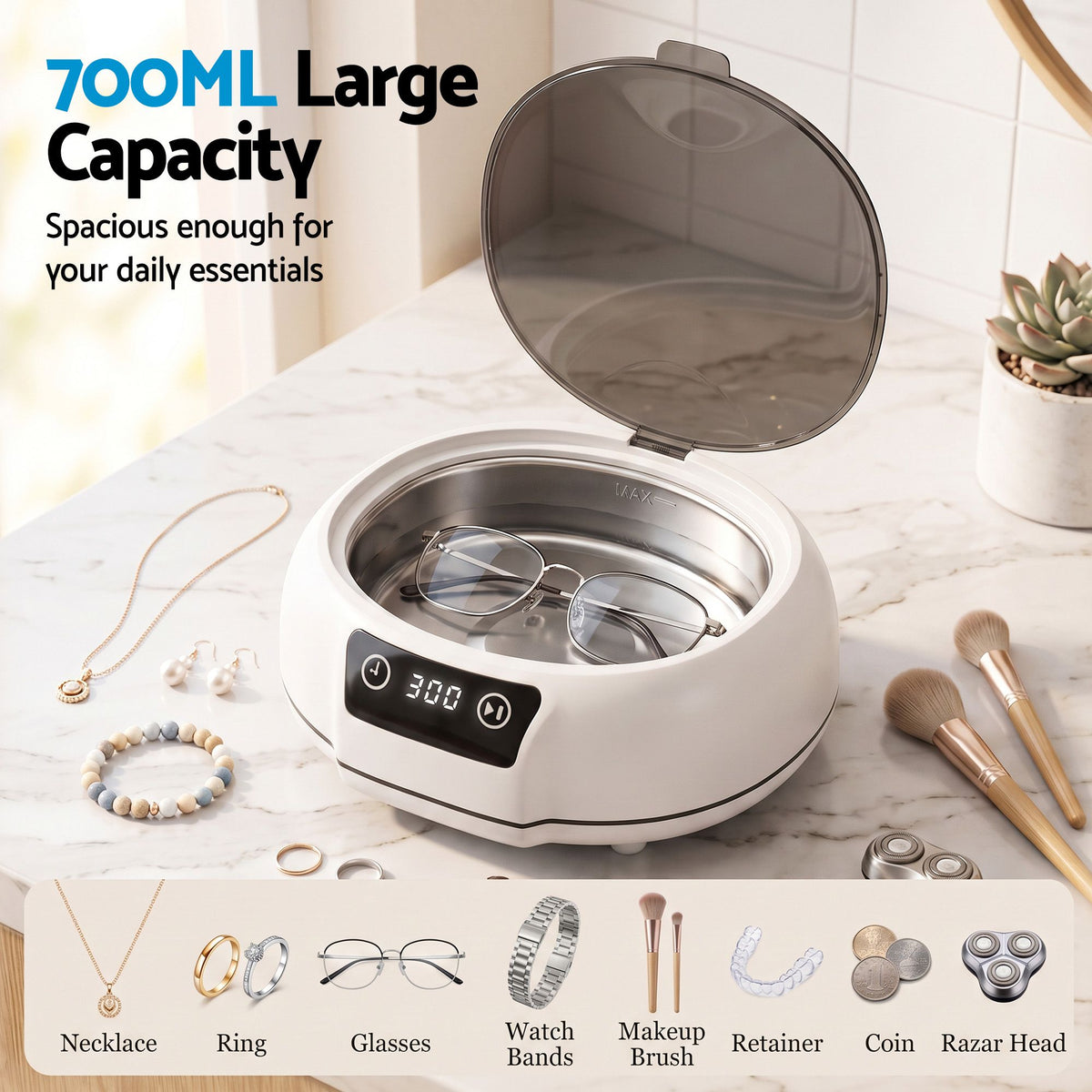 Devanti Ultrasonic Cleaner 700mL 48kHz Jewellery Cleaning Machine with Stainless Steel Tank White