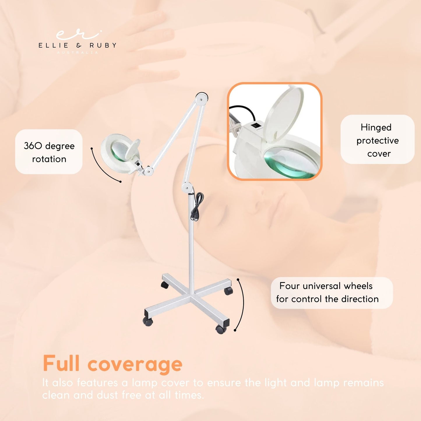 Ellie & Ruby 5x Magnifying Floor Lamp - Glass Lens Light and Wheeled Stand White