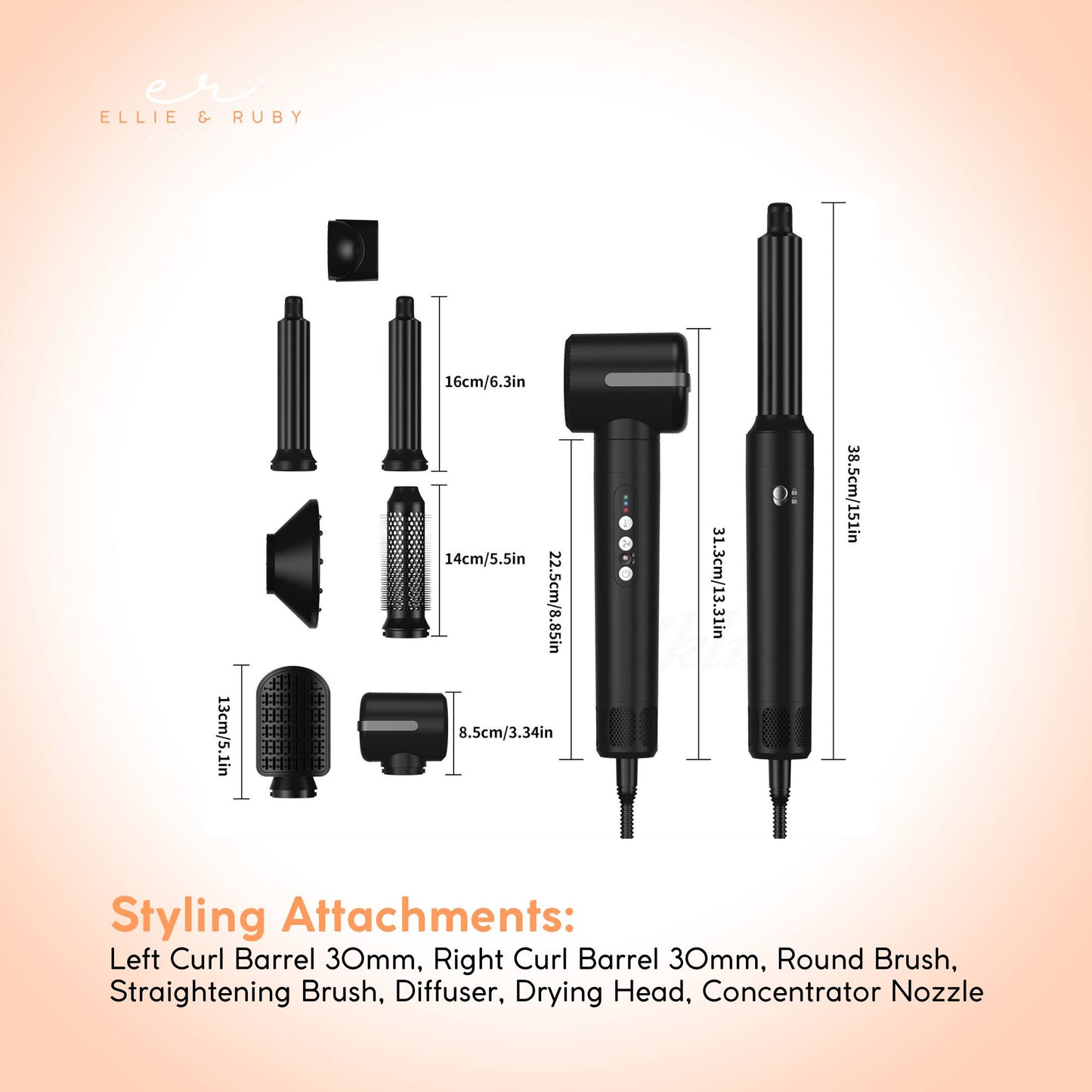 Ellie & Ruby 7-in-1 Hot Air Hair Styler 1400W Dryer Brush Curler Black