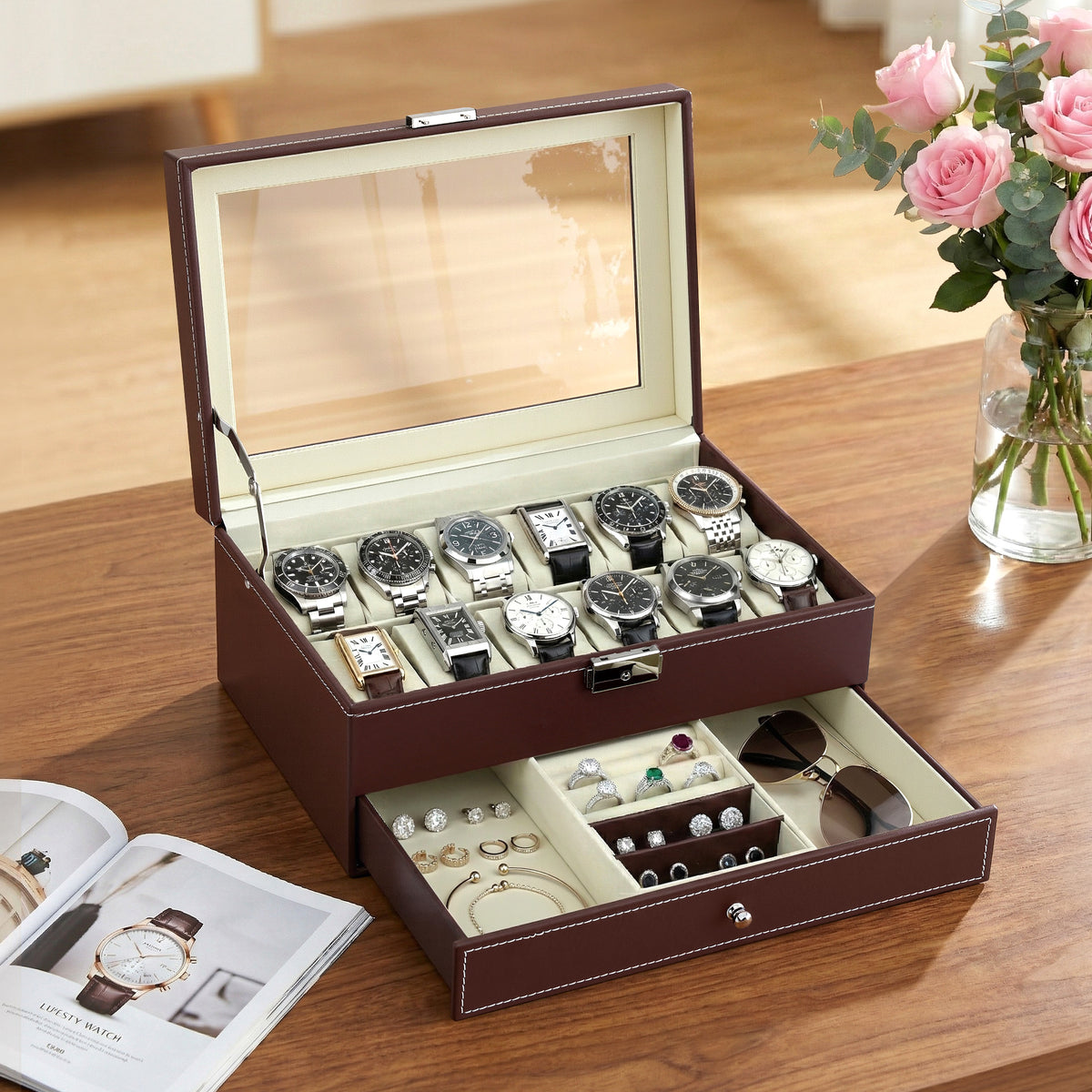 Embellir 12 Grids Watch Box Organizer Case Jewelry Display Storage Showcase