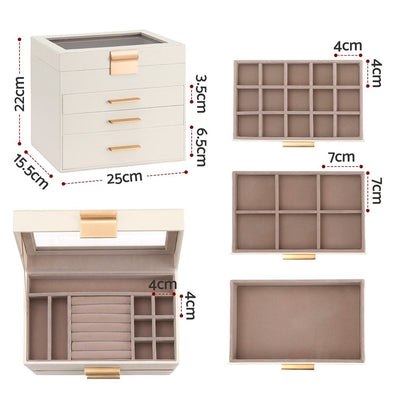 Embellir Jewellery Box 4 Layer Organiser Storage Case Glass Lid Drawers White
