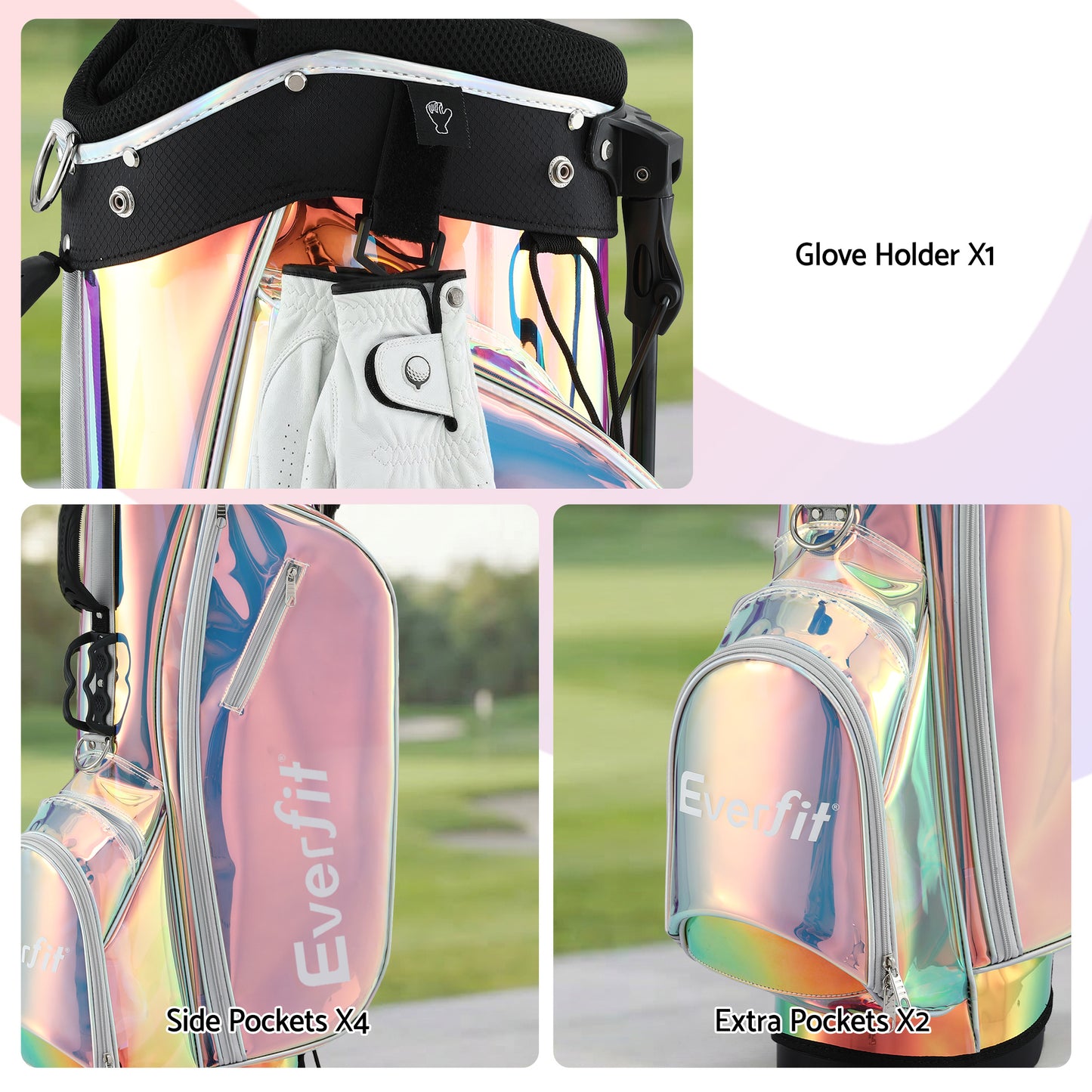 Everfit Golf Stand Bag Lightweight Carry Bag Dual Strap Club Divider Holographic