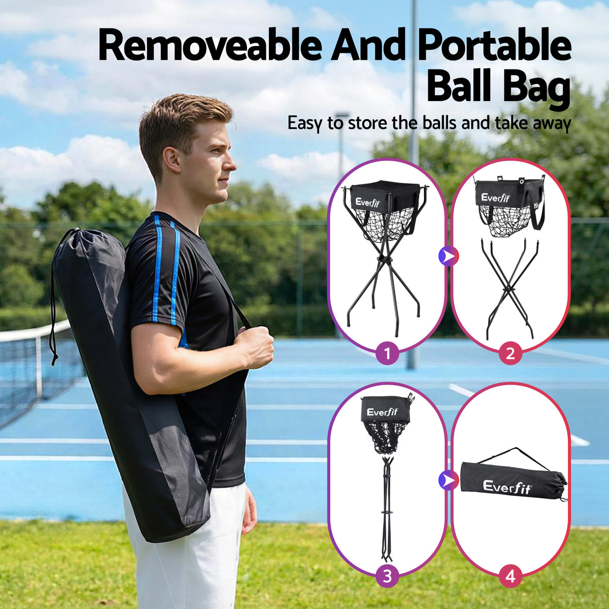Everfit Portable Ball Cart Foldable Pickleball Tennis Baseball Softball