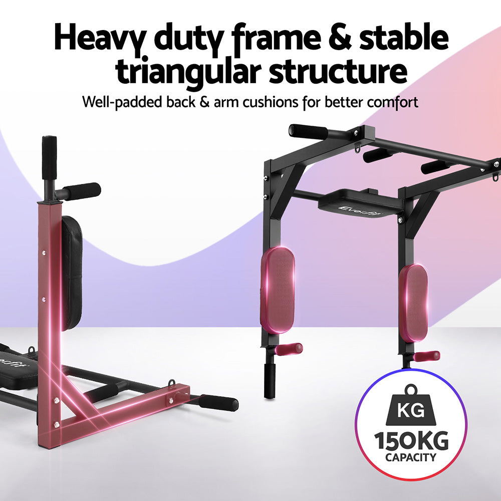 Everfit Pull Up Bar Dip Station Multi Gym 150kg Home Power Station Black Red