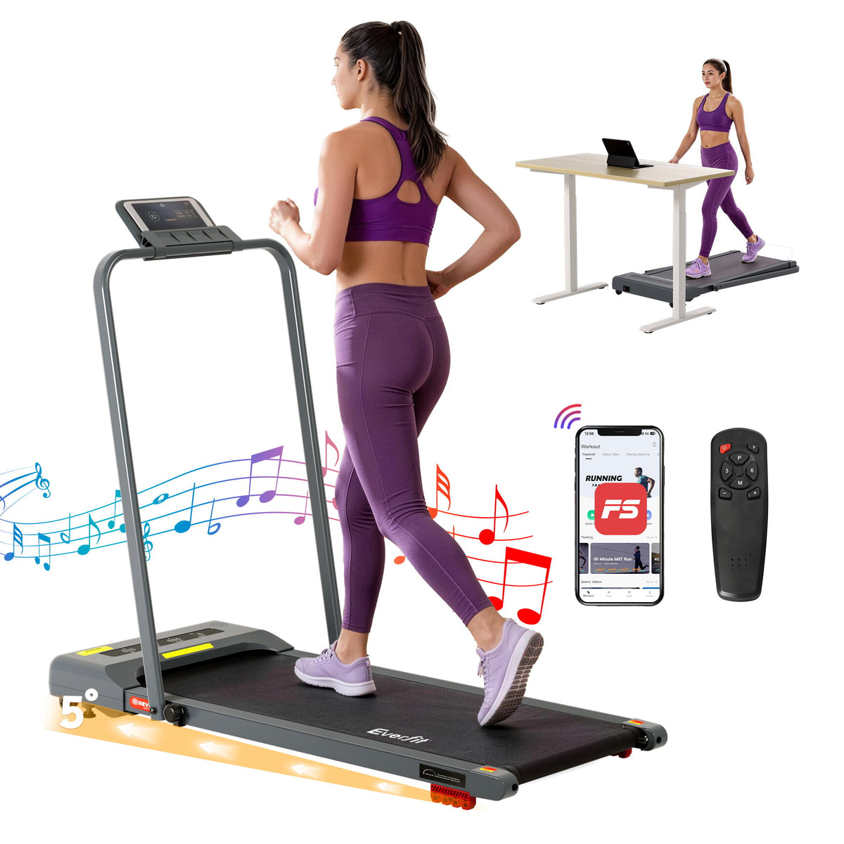 Everfit Treadmill Electric Walking Pad Incline Under Desk 380mm Grey