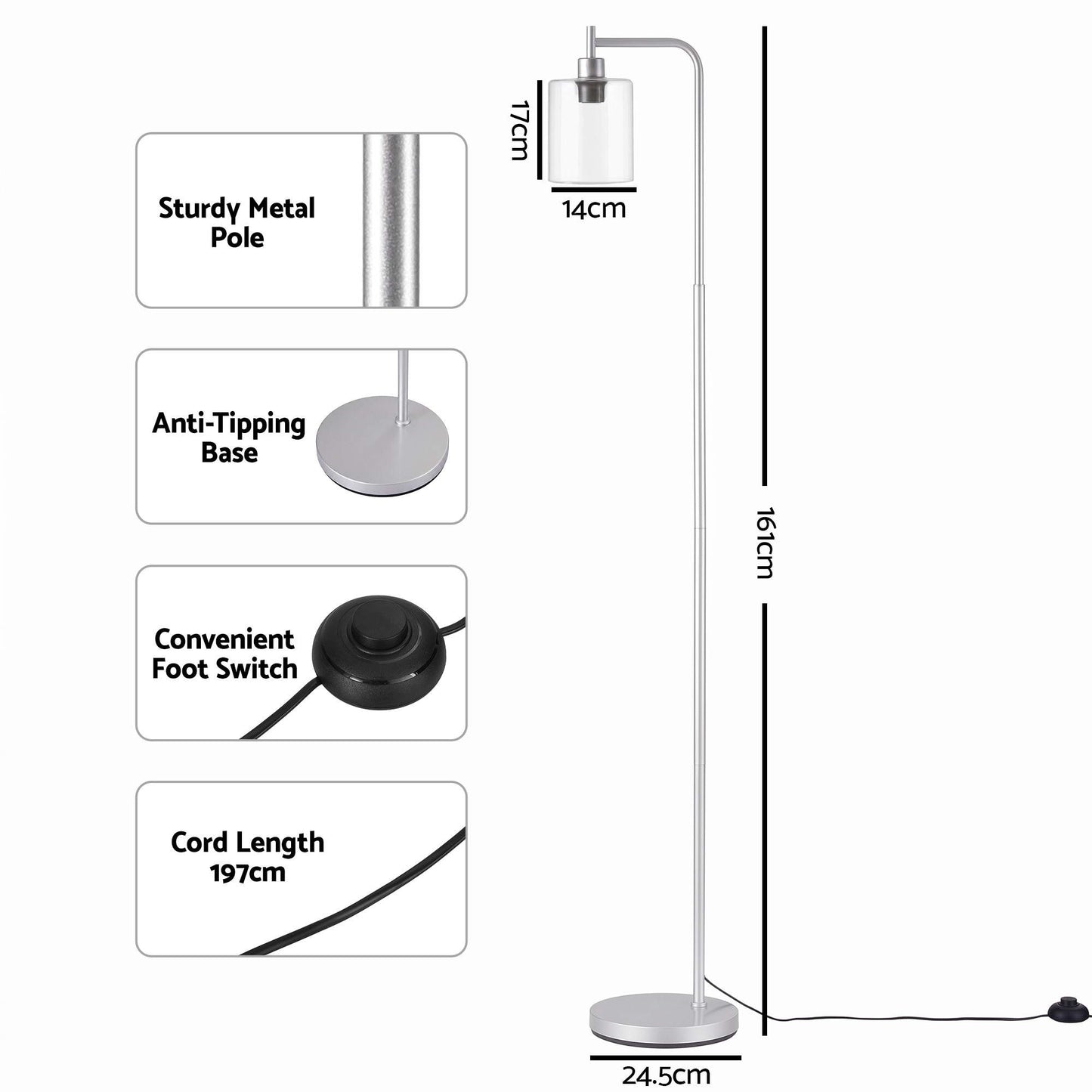 Artiss Floor Lamp Modern Industrial Standing Light with Clear Glass Shade, Silver Metal Tall Lamp for Living Room, Bedroom & Office, Anti-Tipping Weighted Base & Foot Switch (Bulb Not Included)