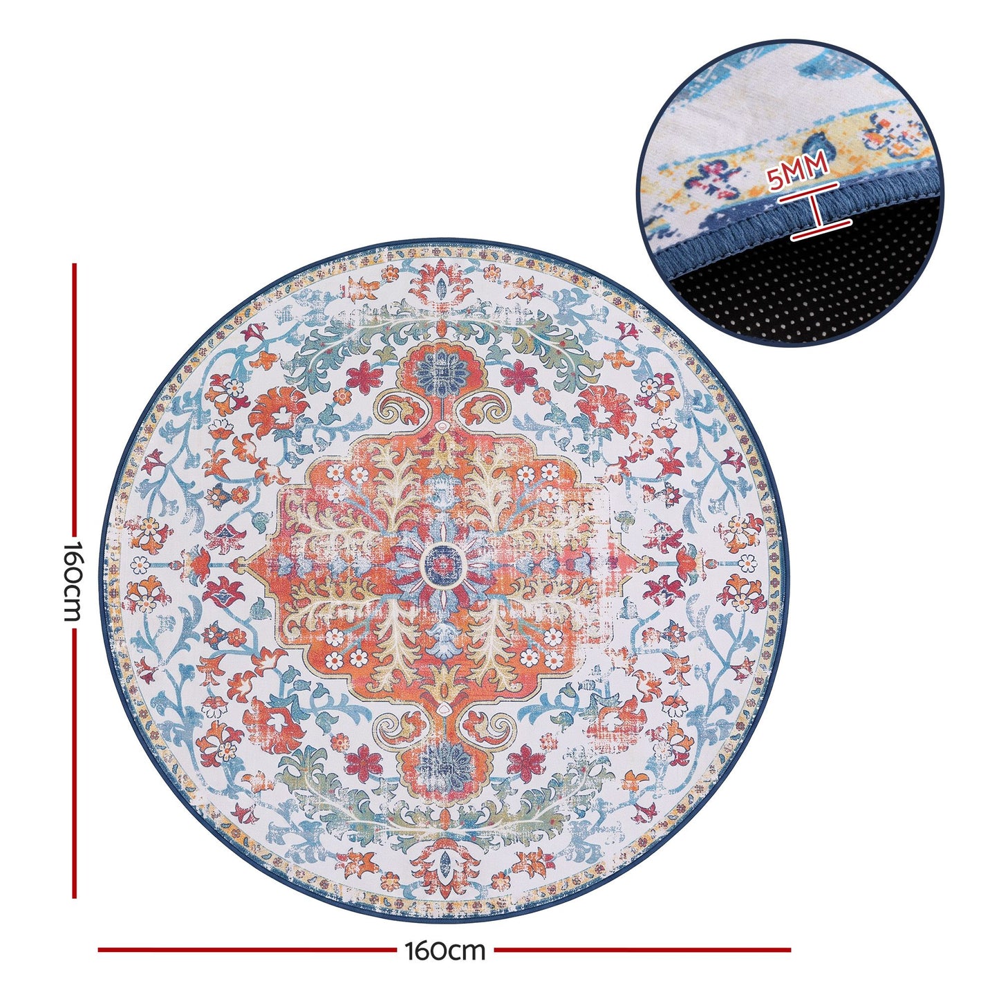 Artiss 160 cm Round Rugs for Living Room With Silicone Dots Grip For Bedroom Entryway 5mm Ultra Thin Foldable Machine Washable Vintage Boho Floor Carpet
