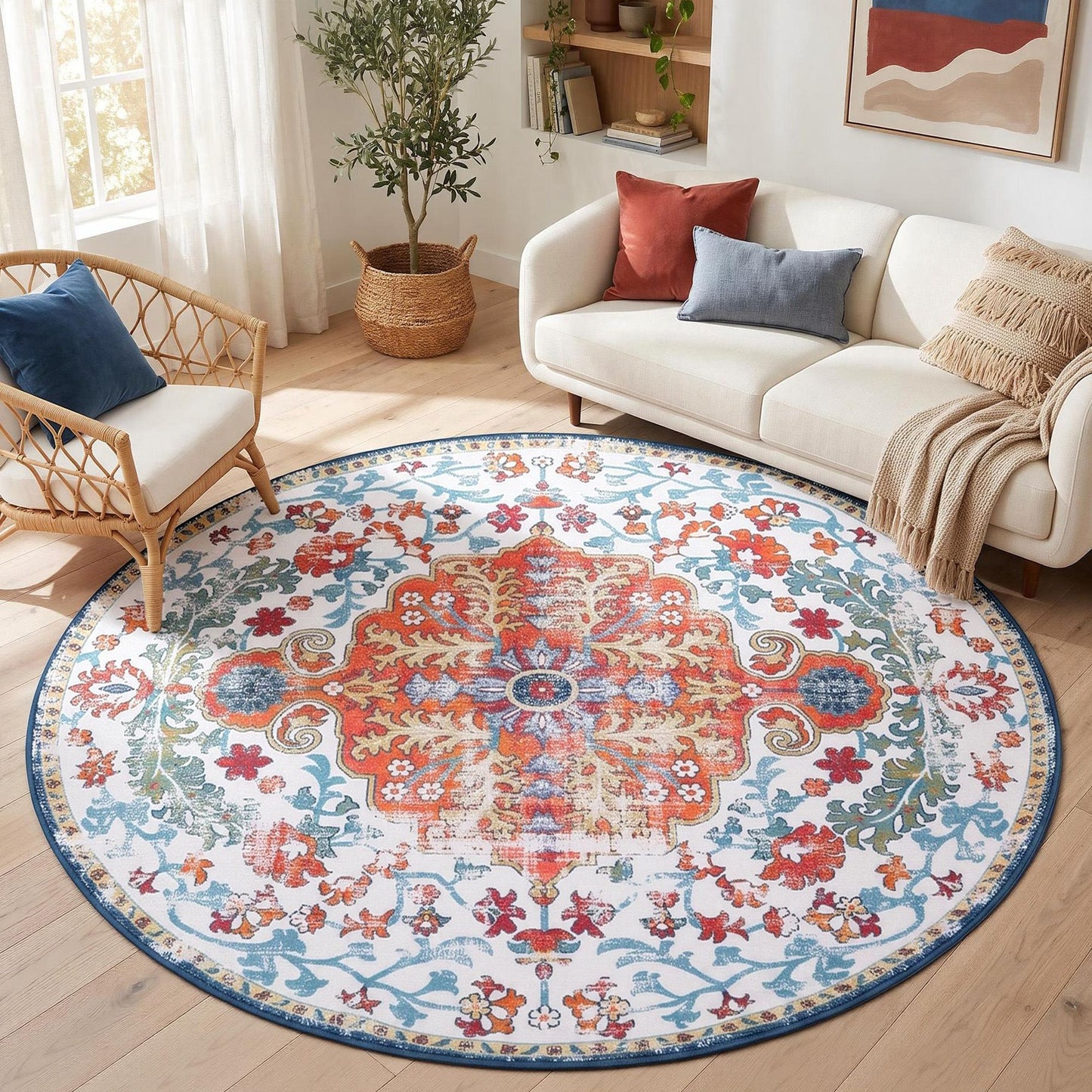 Artiss 160 cm Round Rugs for Living Room With Silicone Dots Grip For Bedroom Entryway 5mm Ultra Thin Foldable Machine Washable Vintage Boho Floor Carpet